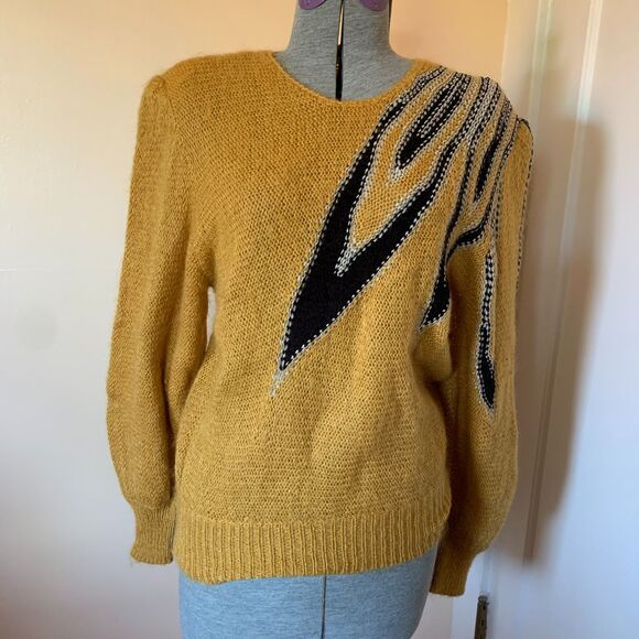 VTG 80s Mustard Yellow Fits XL Abstract Shoulder Color Work Super Soft Pullover - Picture 1 of 6